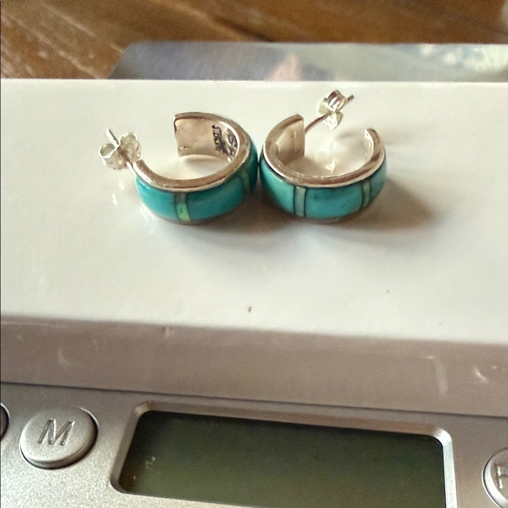 Silver and Turquoise Hoop Earrings - Picture 6 of 7